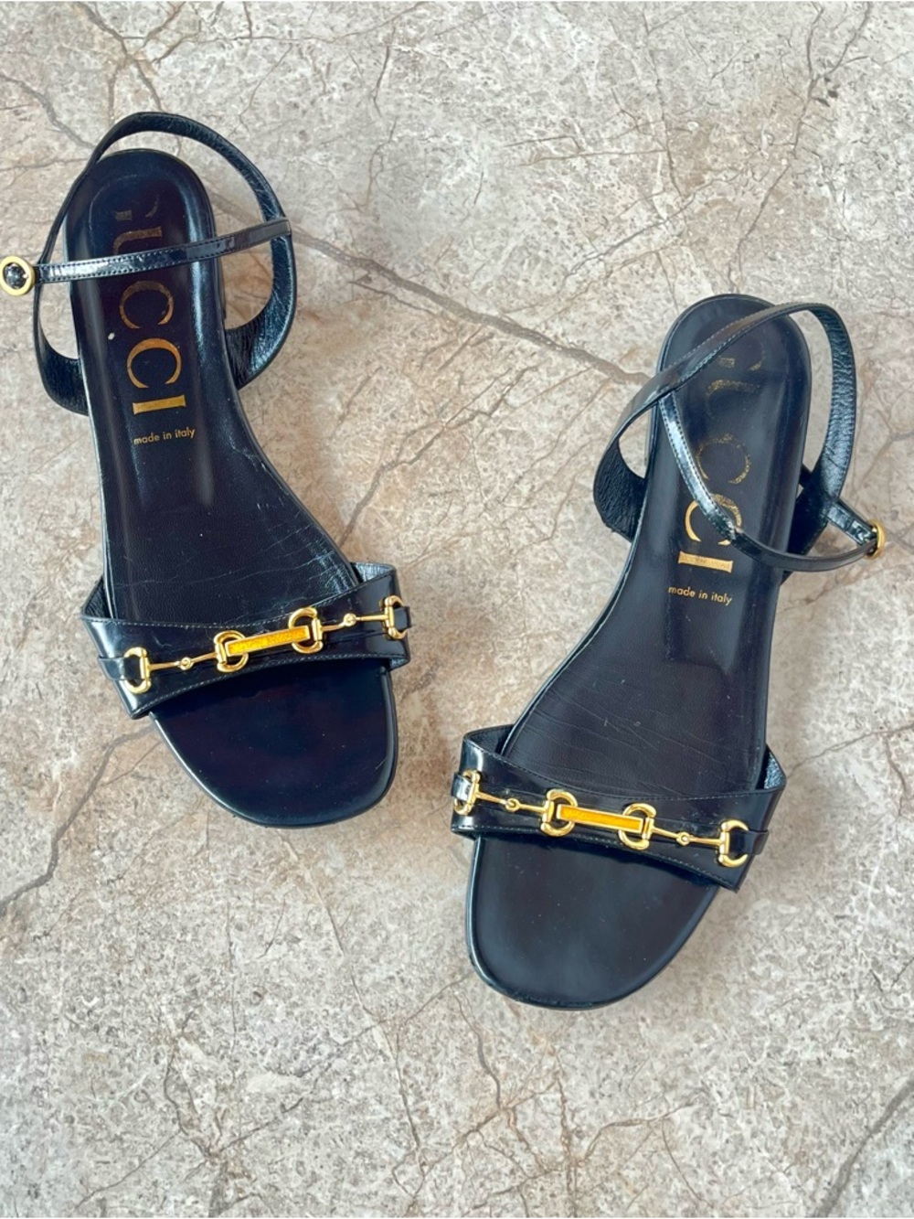 Gucci Horsebit Black Patent Leather Ankle Strap Flat Sandals - Picture 3 of 8